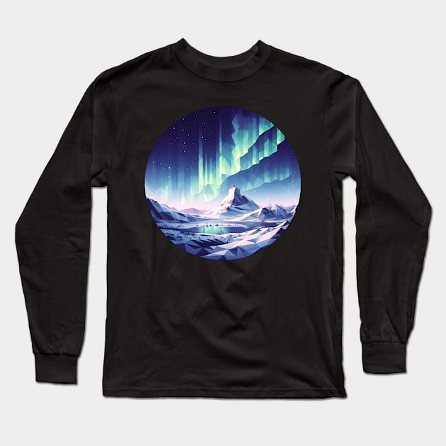 Low Poly Winter Mountains with the Northern Lights Long Sleeve T-Shirt by Antipodal point